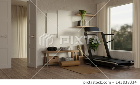 Scandinavian Home Gym with Treadmill Blank Poster Frames and Exercise Bench Scandinavian Home Gym with Treadmill Blank Poster Frames and Exercise Bench 143838334
