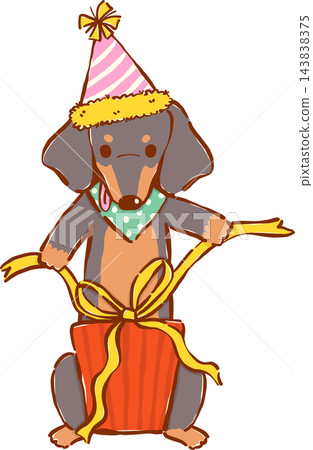 Cute Sausage Dog Birthday Party Wrapping Gift, Black Dachshund Hand Drawn Illustration 143838375