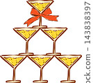 Festive Coquette Cocktail Glass Tower with Red Ribbon Bow Hand Drawn Illustration 143838397