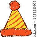 Cute Yellow Red Striped Birthday Party Hat Hand Drawn Illustration 143838404