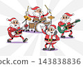 Music band with Santa claus retro 1930s style rubber hose cartoon characters set for Christmas design, featuring playing musical instruments like guitar, bass, drums. Vector illustration 143838836