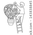 Person Assembling Idea Light Bulb Puzzle. Linear Doodle. Character on Ladder Building Business Strategy and Innovation. Vector Illustration. Outline Hand Drawn. Success and Complete Project Work 143838845