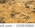A detailed view reveals sandy soil with fine grains, small rocks, and a textured surface, showing earthy tones and natural elements. 143838860