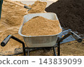 A shovel is actively used to fill a metal wheelbarrow with sand at a busy job site. Nearby, a large pile of sand reflects the ongoing landscaping work. 143839099