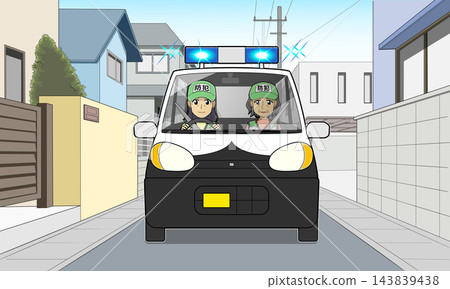 藍色巡邏車(女性防罪志工)在居民區巡邏。 藍色巡邏車(女性防罪志工)在居民區巡邏。 143839438