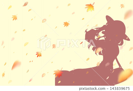 A woman smiles, looking upwards as the wind blows; she is wearing a hat, her silhouette is visible, and autumn leaves are visible. A woman smiles, looking upwards as the wind blows; she is wearing a hat, her silhouette is visible, and autumn leaves are visible. 143839675
