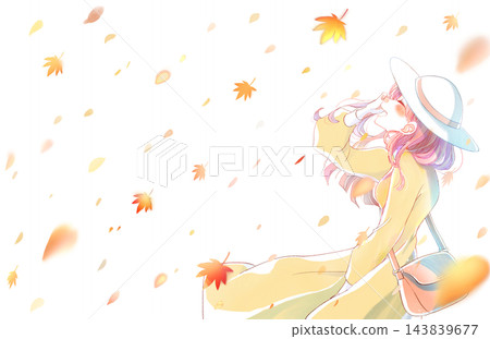 A woman smiles, looking upwards as the wind blows; she is wearing a hat and surrounded by autumn leaves. 143839677