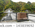 [Toyooka Dam, a gravity-type concrete dam in Suzaka City, with a height of 81m and a crest length of 238m: Dam crest and dam name monument] 143839692