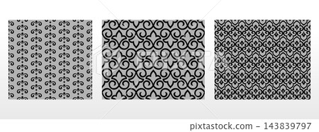 Geometric floral set of seamless patterns. Gray and black vector backgrounds. Damask graphic ornaments Geometric floral set of seamless patterns. Gray and black vector backgrounds. Damask graphic ornaments 143839797