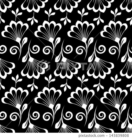 Flower geometric pattern. Seamless vector background. White and black ornament. Flower geometric pattern. Seamless vector background. White and black ornament. 143839808