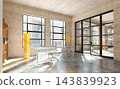 3D rendering of a modern industrial office interior with concrete walls, glass desks, yellow shelves, and large windows. 143839923