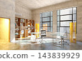 A modern industrial office space with concrete walls, glass desks, grey chairs, a wooden bookshelf, and large windows. 143839929