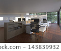 Wide 3D render of a modern open-plan office interior featuring workstations, computers, and large windows facing trees. 143839932