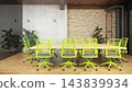3D rendering of a modern conference room with a wooden table, bright green chairs, brick wall, and potted plants. 143839934