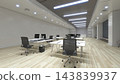 3D rendering of a modern, empty open-plan office with white desks, black chairs, and computers on a light wood floor. 143839937