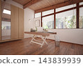 3D rendering of a home office with a wooden desk, laptop, large windows with blinds, wood floors, and mirrored wardrobe. 143839939