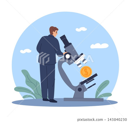 Scientific research and innovation investment. Microscope examining money and financial growth, currency analysis, valuation, risk assessment, audit strategy vector cartoon isolated concept Scientific research and innovation investment. Microscope examining money and financial growth, currency analysis, valuation, risk assessment, audit strategy vector cartoon isolated concept 143840230