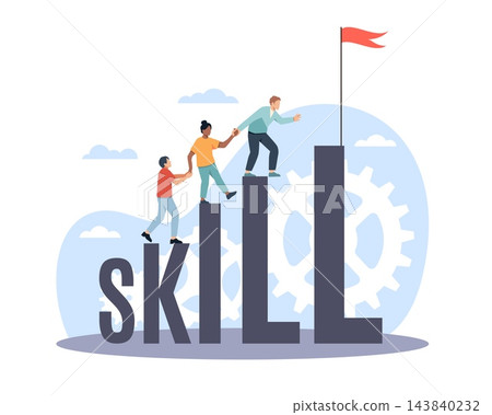 Teamwork and career growth. People climbing rising skill ladder toward success, professional development, training progress, competency building, career growth vector cartoon flat concept Teamwork and career growth. People climbing rising skill ladder toward success, professional development, training progress, competency building, career growth vector cartoon flat concept 143840232