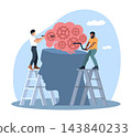 Teamwork and creative problem solving. Two professionals control mechanisms inside big brain, cognitive improvement, collaboration, and process optimization in work vector isolated concept 143840233