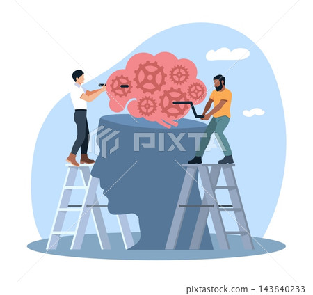 Teamwork and creative problem solving. Two professionals control mechanisms inside big brain, cognitive improvement, collaboration, and process optimization in work vector isolated concept Teamwork and creative problem solving. Two professionals control mechanisms inside big brain, cognitive improvement, collaboration, and process optimization in work vector isolated concept 143840233