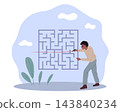 Business problem solving. Strategic thinking, featuring man analyzing maze to find right solution, achieve goal, man solving maze, process analysis planning, vector cartoon isolated concept 143840234