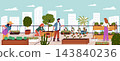 City roof gardening. Urban rooftop flowers, people harvesting fresh vegetables, watering plants, green environment agriculture, horizontal banner, nowaday vector cartoon concept 143840236