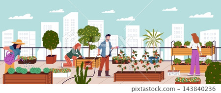 City roof gardening. Urban rooftop flowers, people harvesting fresh vegetables, watering plants, green environment agriculture, horizontal banner, nowaday vector cartoon concept City roof gardening. Urban rooftop flowers, people harvesting fresh vegetables, watering plants, green environment agriculture, horizontal banner, nowaday vector cartoon concept 143840236