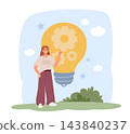 Creative idea and problem solving. Woman and light bulb with gears, innovation, problem solving and idea development, process optimization, vision thinking, vector cartoon isolated concept 143840237