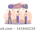 Decision making. People choosing right answer, problem solving and teamwork, speech bubbles with question, exclamation and check mark, vector cartoon isolated teamwork communication concept 143840239
