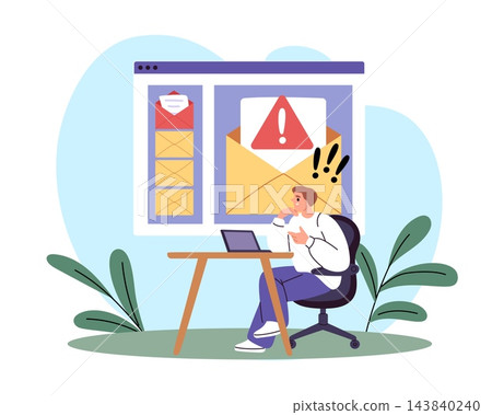 Email alert and phishing warning. Suspicious message and cybersecurity, person at laptop viewing a warning message in inbox, digital communication, online security vector isolated concept Email alert and phishing warning. Suspicious message and cybersecurity, person at laptop viewing a warning message in inbox, digital communication, online security vector isolated concept 143840240