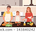 Family cooking in kitchen. Adults and child preparing food at table with vegetables and fruit, meal preparation, teamwork, parenting and healthy lifestyle. Vector cartoon flat illustration 143840242
