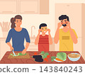 Family cooking together. Mother and father with child preparing vegetables at kitchen table, home meal, healthy nutrition, teamwork and everyday domestic routine. Vector cartoon illustration 143840243