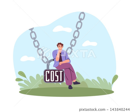 Financial burden and rising costs. Worried person chained to heavy cost sign, control management strategy, budget pricing, economic planning and analysis, vector cartoon isolated concept Financial burden and rising costs. Worried person chained to heavy cost sign, control management strategy, budget pricing, economic planning and analysis, vector cartoon isolated concept 143840244