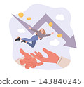 Financial loss. Falling woman, downward market chart, money and helping hands, income risk, support during crisis management in business, forecasting analytics vector cartoon concept 143840245
