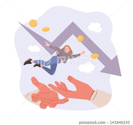 Financial loss. Falling woman, downward market chart, money and helping hands, income risk, support during crisis management in business, forecasting analytics vector cartoon concept Financial loss. Falling woman, downward market chart, money and helping hands, income risk, support during crisis management in business, forecasting analytics vector cartoon concept 143840245