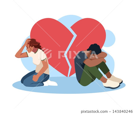 Heartbreak and relationship breakup. Sad couple, emotional pain and broken love, conflict resolution, family psychology, mental health, betrayal frustration vector cartoon isolated concept Heartbreak and relationship breakup. Sad couple, emotional pain and broken love, conflict resolution, family psychology, mental health, betrayal frustration vector cartoon isolated concept 143840246
