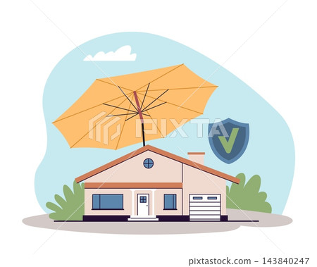 Home insurance protection. Property security, house safety and risk coverage, property coverage, risk prevention, safeguarding assets against damage, vector cartoon flat real estate concept Home insurance protection. Property security, house safety and risk coverage, property coverage, risk prevention, safeguarding assets against damage, vector cartoon flat real estate concept 143840247