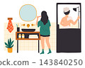 Morning bathroom routine. Person brushing teeth and watching in mirror, man in shower with foam, daily hygiene, home bathroom use, personal care habits. Vector cartoon isolated illustration 143840250