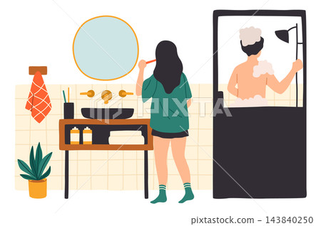 Morning bathroom routine. Person brushing teeth and watching in mirror, man in shower with foam, daily hygiene, home bathroom use, personal care habits. Vector cartoon isolated illustration Morning bathroom routine. Person brushing teeth and watching in mirror, man in shower with foam, daily hygiene, home bathroom use, personal care habits. Vector cartoon isolated illustration 143840250