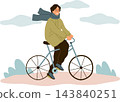 Person riding bicycle. Outdoor cycling, everyday transport and active lifestyle, commuting, healthy movement, and eco-friendly mobility. Green environment. Vector cartoon flat illustration 143840251