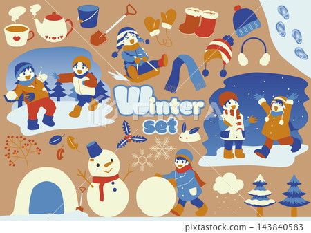 一組描繪孩子們在冬季雪地裡玩耍的插圖。 一組描繪孩子們在冬季雪地裡玩耍的插圖。 143840583