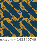 Seamless decorative bird pattern in gold on deep blue, with stylized perched silhouettes, diagonal branch shapes, and repeating ornamental layout for textile prints, wallpaper, wrapping paper, decor 143840749