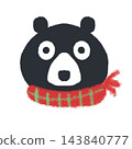 A black bear's face, a red and green checkered scarf, and a Christmas crayon-style illustration. 143840777