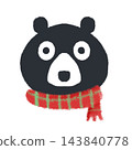 A black bear's face, a red and green checkered scarf, and a Christmas crayon-style illustration. 143840778