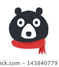 A black bear's face, a red scarf, a winter crayon-style illustration. 143840779
