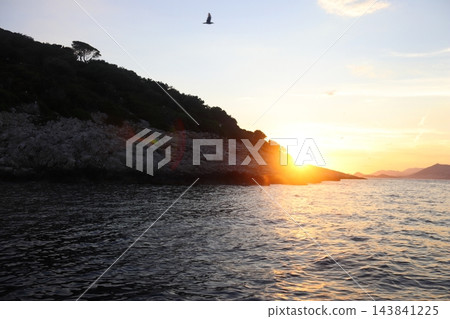 Bright sunburst sunset behind rocky Mediterranean island with seagull in flight Bright sunburst sunset behind rocky Mediterranean island with seagull in flight 143841225