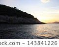 Rocky forested coastline at sunset with seagulls flying over Adriatic Sea 143841226