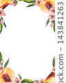 Vertical watercolor frame decorated with peaches, blossoms and leafy branches on white, with blank space for text, for invitations, labels and stationery 143841263