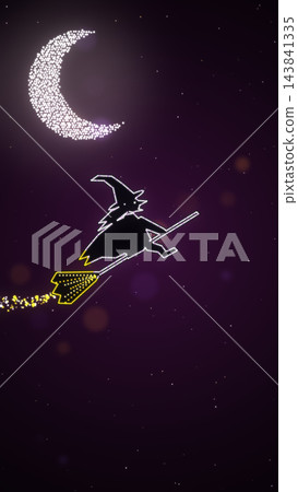 Witch soars upward on her broom while a crescent moon glows above Witch soars upward on her broom while a crescent moon glows above 143841335