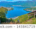 View towards Lake Kawaguchi from Fujimidai Station (summit station) of the ropeway in Fujikawaguchiko Town, Yamanashi Prefecture. 143841719
